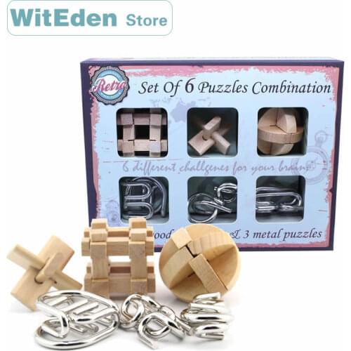 Wooden Puzzles mix 3D Metal Puzzles 6PCS/Set Combination Kong Ming Lock Wire Intelligence Buckle Interlocked IQ Collection Toys