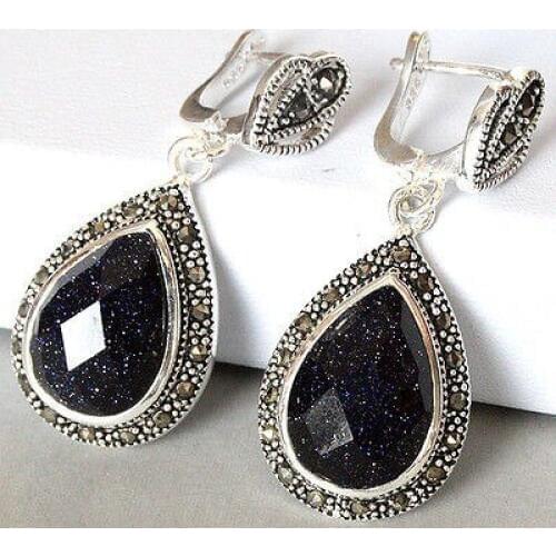 A ladys 925 Natural Blue Sand Stone Marcasite Drop Earrings natural gem/stone/coral/opal Marcasitegirl Wedding