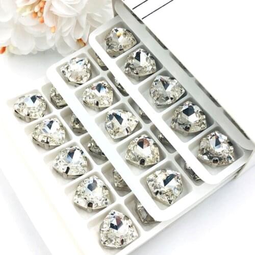 Free shipping 12mm Fat Triangle shape clear white High quality Glass Crystal sew on rhinestones diy/clothing accessories