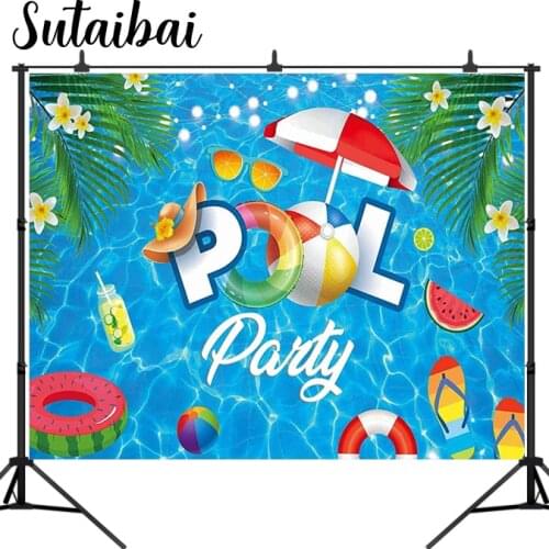 Pool Party Backdrop Summer Swimming Balls Lifebuoy Water Wave Ripple Hawaiian Background Kids Boy Girl Birthday Cake Table Decor