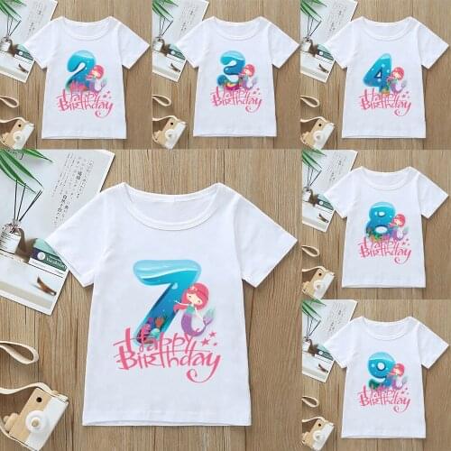 Cartoons Girls T-shirt Number 1-9 Happy Birthday Mermaid Graphic Print Children Clothing Tees Fashion Kawaii Clothes Tops,YKP144