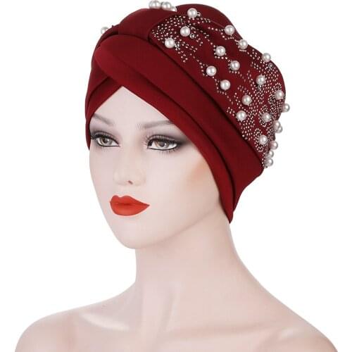 2021 New Fashion European And American Style Space Cotton Headscarf Hat Ladies Loose And Comfortable Pearl Cross Headscarf Hat