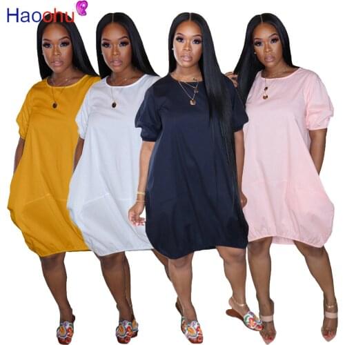 HAOOHU Women Solid O-neck Short Sleeve Loose Casual Dress Sexy Party Club Bandage Knee Length Fashion Dresses