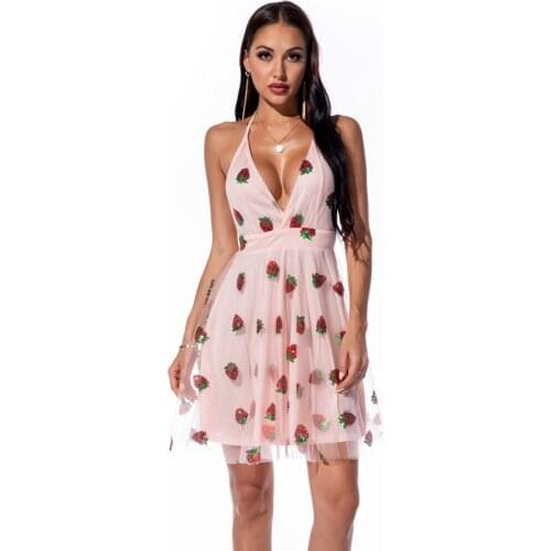 Strawberry Sequin Mesh Dresses Sexy V-neck Low-cut Slimming A-line Dresses High Waist Backless Halter Sweet Style Women Outfits