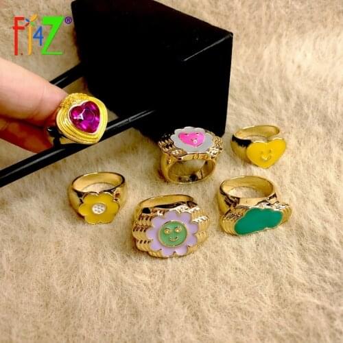 F.J4Z Funny Womens Trend Rings 2021 Fashion Cute Enamel Flower Smile Face Cloud Top Emo Finger Ring lady Special Gifts Jewelry