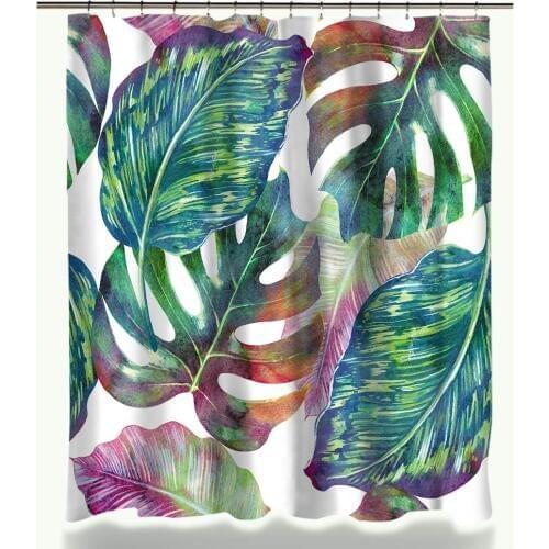 Creative Green Tropical Plant Printed Shower Curtain Set Waterproof Polyester Fabric Curtain and Anti-slip Bath Mat