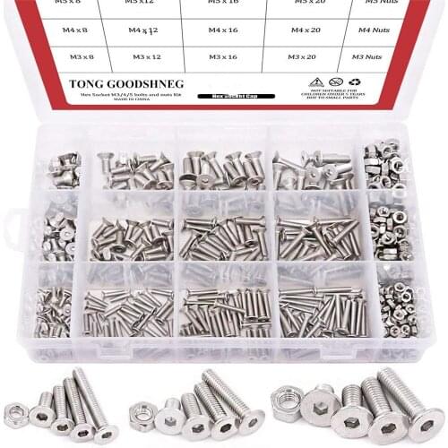 M3 M4 M5 Stainless Steel Flat Head Hex Socket Head Cap Bolts Screws Nuts Assortment Kit,Fasteners Machine Screws Hardware
