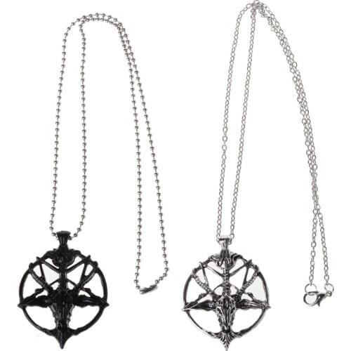 Fashion Pentagram Pan God Skull Goat Head Pendant Necklace Luck Satanism Occult Metal Vintage silver color Star Necklace for Man