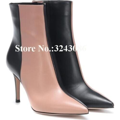 Fashion Pink Black Mixed Color Short Boots Women Sexy Pointed Toe Stiletto Heel Leather Ankle Boots Lady Large Size Banquet Shoe
