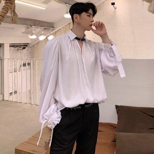 Men Black White Casual Long Sleeve Pullover Shirts Leather Necklace Fashion Dress Shirts Male Punk Gothic Blouse Stage Clothes