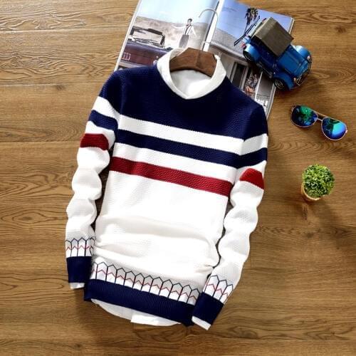 Mens Autumn Spring Sweater Male Lapel Slim Bottom O-Neck Striped Sweater Teens Homme Fashion Style Clothes