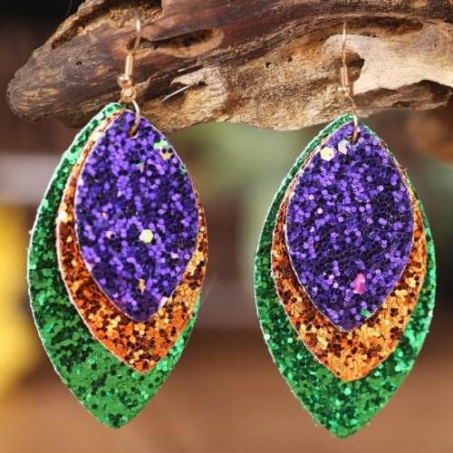 Wholesale Bohemian PU Leather Three-layer Colorful Charms Sequined Leaf Shaped DIY Making Earrings Women Party Jewelry