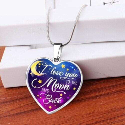 I Love You To The Moon And Back Purple Moon and Star Necklace Heart Shape Pendant Jewelry From Love Mom Dad Birthday Gift