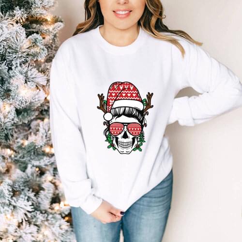 Mom Skull Colored Graphic Printed Christmas 100%Cotton Sweatshirts Autumn Winter Holiday O-Neck Long Sleeve Tops Gift for Mom