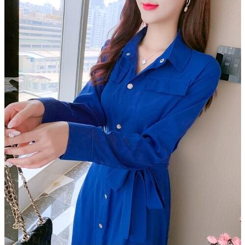 Red Blue Long Sleeved Shirt Korean Fashion Kawaii Casual WomenS Elegant Dresses Autumn For Women 2021 Female Clothing Sukienka