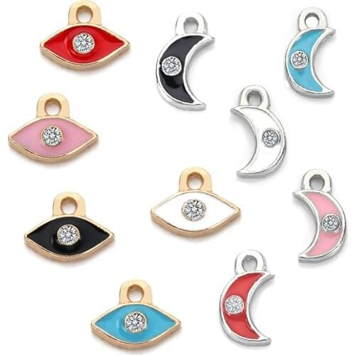 SAUVOO 10pcs/lot Evil Eye Moon Charms Enamel Pendant Bracelet Necklace Jewelry Making Gold Silver Plated Rhinestone Keychain
