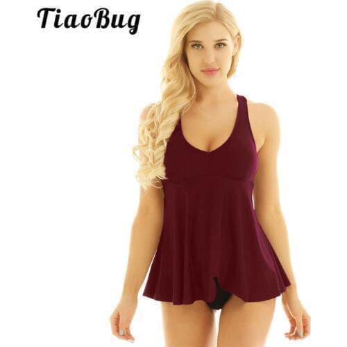 TiaoBug Solid Color Tankini V-neck Cross Back Padded Bra Wire-free Swimsuit Women Bikini Tops Modest Swimwear Beach Bathing Suit