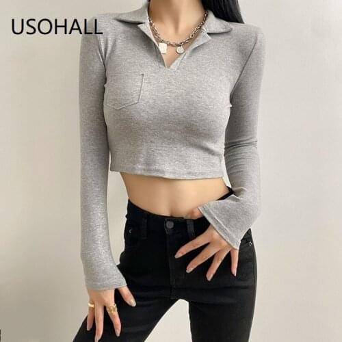 USOHALL Spring Autumn Women Slim Tops Solid Polo Collar Long Sleeve Tees