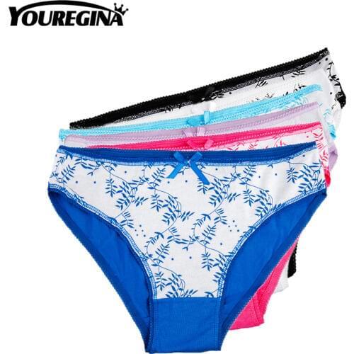 YOUREGINA Women Sexy Briefs Cotton Underwear Panties Intimates Female Lingerie Underpants Print Solid Bowknot M L XL 6pcs/lot