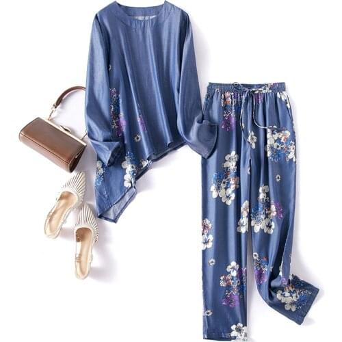 2021 New Arrival Soft Loose Tencel Denim Suit Clothing Long Sleeve O Neck Irregular Shirt Loose Harem Pant 2 Pieces Set Woman