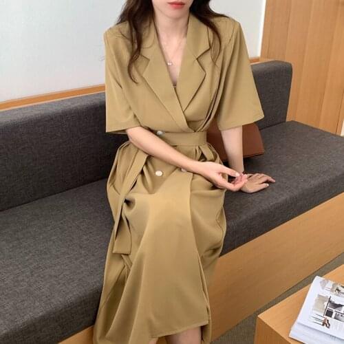 Womens Spring Summer Fashion Designer Brief Khaki Long Dress Female Chic Casual Slim Dress TB658