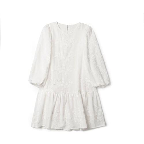 2021 Spring Summer New Lady Robe Womens Mini Robe Loose White Embroidery Floral Puff Sleeve Sweet O-Neck Ladies Dress