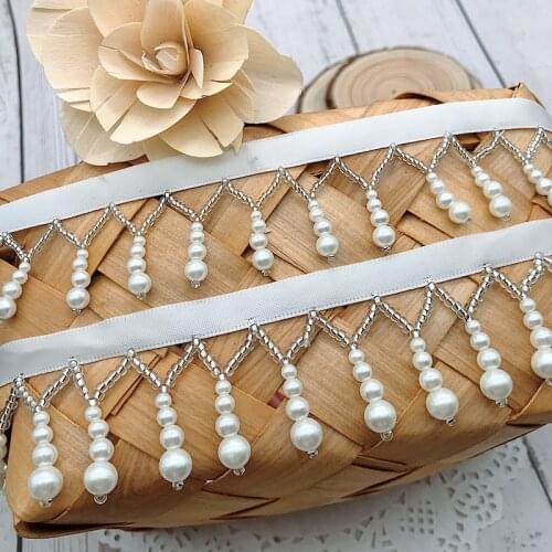 1 yards Pearl Tassle Lace Trim Drop Pearl Hanging Beads Ribbon for diy Curtain Sewing Edge Decoration Clothing Accessory