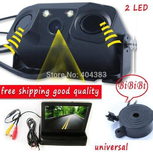 1 Sound Alarm CCD HD Car Reverse Backup LED Rear View Camera Parking Radar System, Rearview Camera + 2 Sensors with monitor