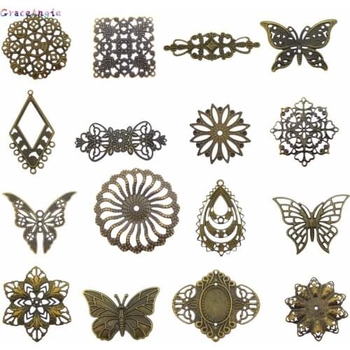 GraceAngie 16 pcs Antique Bronze Mixed Filigree Metal Wraps Connector Flower Iron Jewelry Findings for Making Charms Component