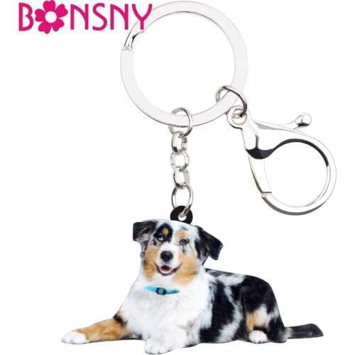 Bonsny Acrylic Australian Shepherd Dog Key Chain Keychain Ring Animal Jewelry For Women Girls Pet Lovers Gift Bag Charms Pendant