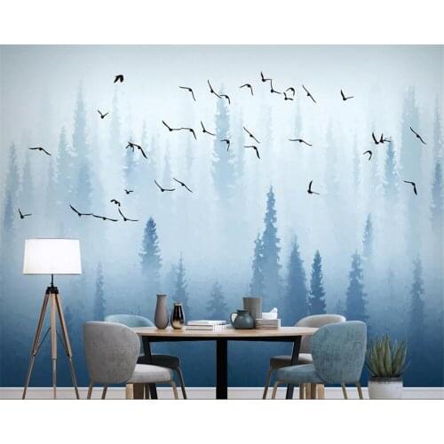 Beibehang Custom murals Wallpaper Nordic pine forest birds blue modern minimalist tv background wall painting wallpaper 3d
