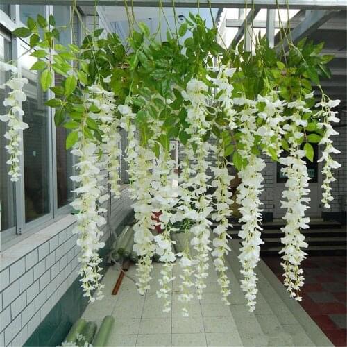 White Artificial Silk Wisteria Garlands Simulation Fake Flower Plant Vine Home Garden Decor Wedding Party Decoration Rattan Free