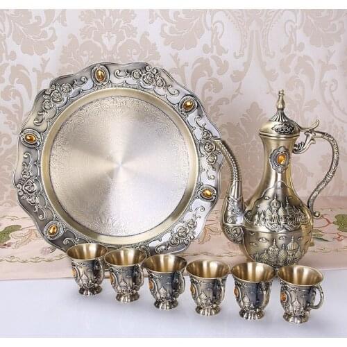 Bronze Wine Set Metal Zinc Alloy Wine Set 1 set= 1 Plate+ 1 Pot +6Cups For Flowers Patter Table Craft Home Decoration