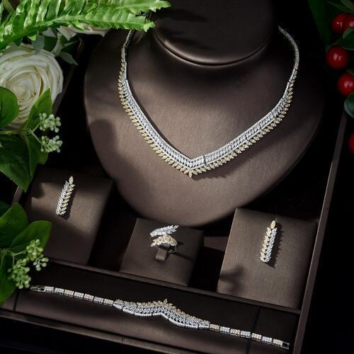 HIBRIDE Elegant Micro Paved Zirconia Bridal Jewelry Set Geometric Design Necklace Earring 4pcs Dubai Set for Woman Gift N-1102