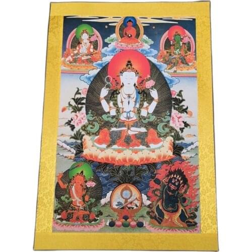 China Old Tibet Silk Thangka Like Hanging Painting Fengshui Four Arm Guanyin Portrait