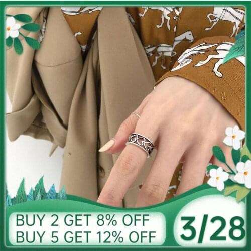 925 Sterling Silver Fashion Retro Hollow Love Heart Thai Silver Ring for Women Open Finger Ring Jewelry Party Gifts S-R831