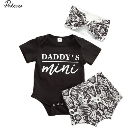 Infant Baby Girls Summer Clothes Daddys Mini Letter Print Bodysuit +Snake Skin Print Shorts + Bow Headband 3Pcs Outfits Set