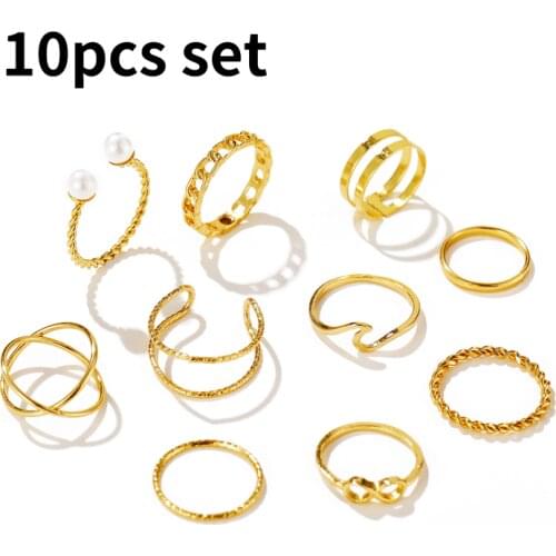 10-pieces set Alloy Pearl Geometric Ring Set Adjustable Opening Jewelry Party Gift Rings for Women Personality Design Ring Set