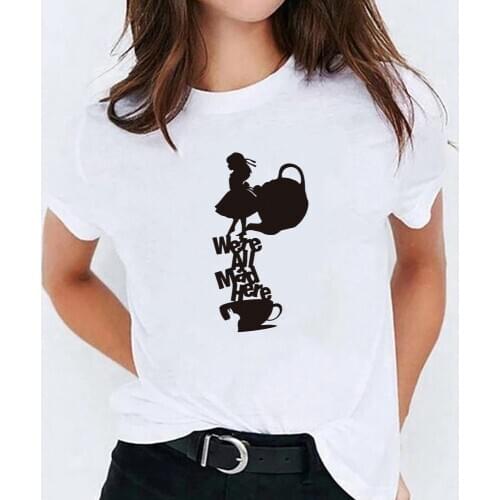 New Alice In Wonderland Tshirt Women Harajuku Kawaii We're All Mad Here Graphic T Shirt Summer Fashion Female T-Shirt Streetwear