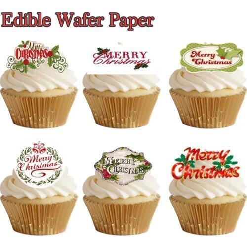 Merry Christmas Slogan Edible Pre Cut Wafer Cupcake Toppers,Cake stand Idea Decorating tools For Christmas Party supply