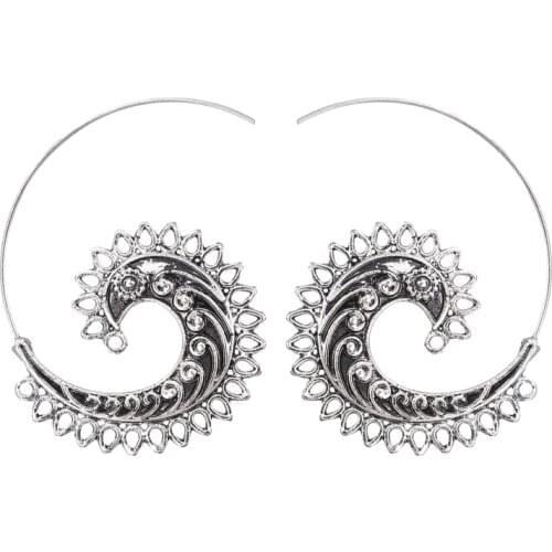 Vintage Charms Sliver Metal Earrings Carved Flower Round Brass Trendy Hoop Earrings Ethnic Bohemian Jewelry Gifts For Women