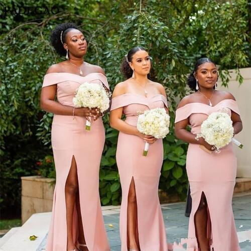 South Africa Mermaid Bridesmaid Dresses Satin Long Off Shoulder High Split Plus Size Wedding Guest Dress Bridal Bridesmaid Dress