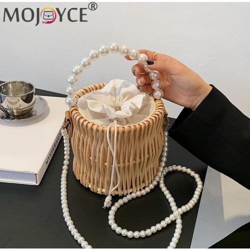 Women Summer Rattan Woven Bag Basket Shoulder Crossbody Fashion Bucket Handbags Straw Women Hand-Woven Handbag