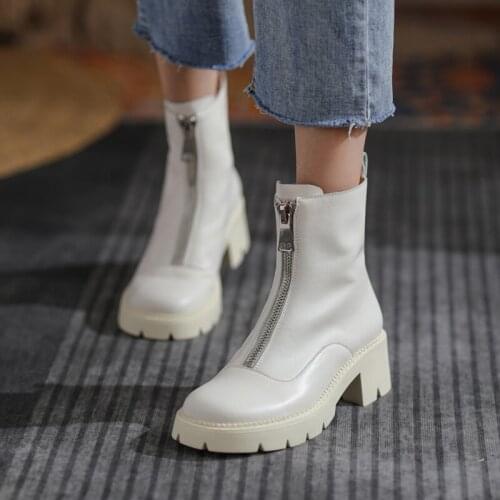 Winter Genuine Leather Round Toe Women Boots Office Lady ZIP ANKLE Boots Thick Heel Platform Shoes 2021 Female Boots Women Shoes