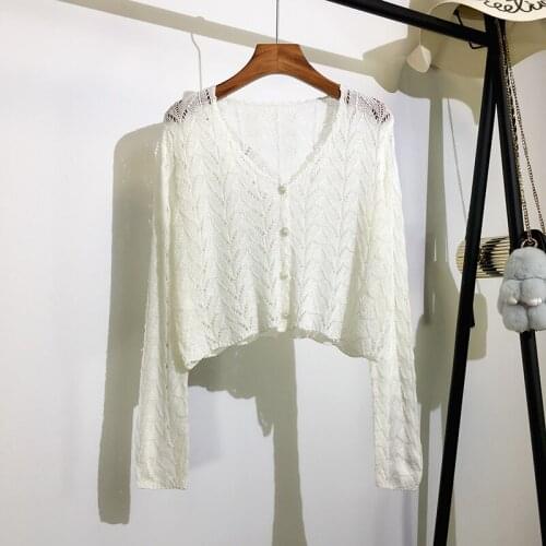 Hollow Out Long-Sleeved Solid Women Cardigan Summer New 2021 V-Neck Button Short Empired Female Outwear Tops