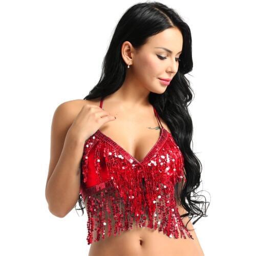2019 Women Fashion Halter Bra Top with Sequins Tassel Latin Belly Dance Costume Club Party Festival Rave Dance Sexy Crop Tops