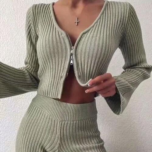 Hstar Womens Knitted Set Double Zipper Long Sleeve Knitted Cropped Top + Elastic High Waist Wide Leg Pants Outfits for Women