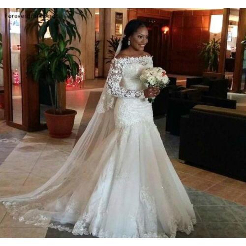 African Nigerian Wedding Dress Glamorous Mermaid Long Lace Appliques Garden Country Church Bride Bridal Gown Plus Size