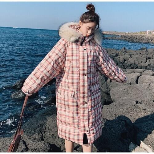 JuneLove women parkas winter warm Cotton-padded vintage lady fur collar plaid down coat female pocket pink casual thick outwears