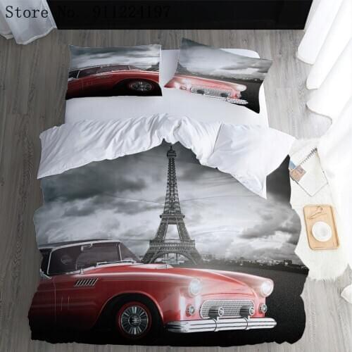 Red Vintage Car Bedding Sets Single Double Queen King Size Duvet Cover Sets Eiffel Tower Bedspread Microfiber Bedroom Sets